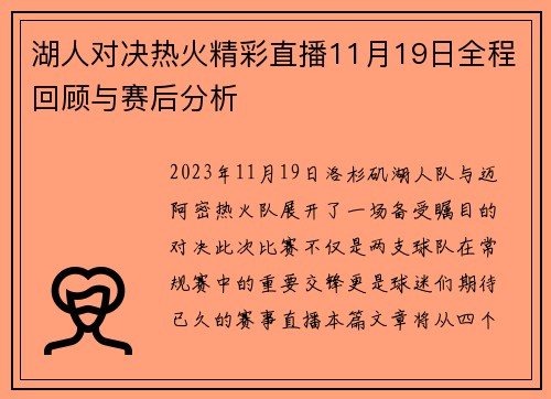 湖人对决热火精彩直播11月19日全程回顾与赛后分析